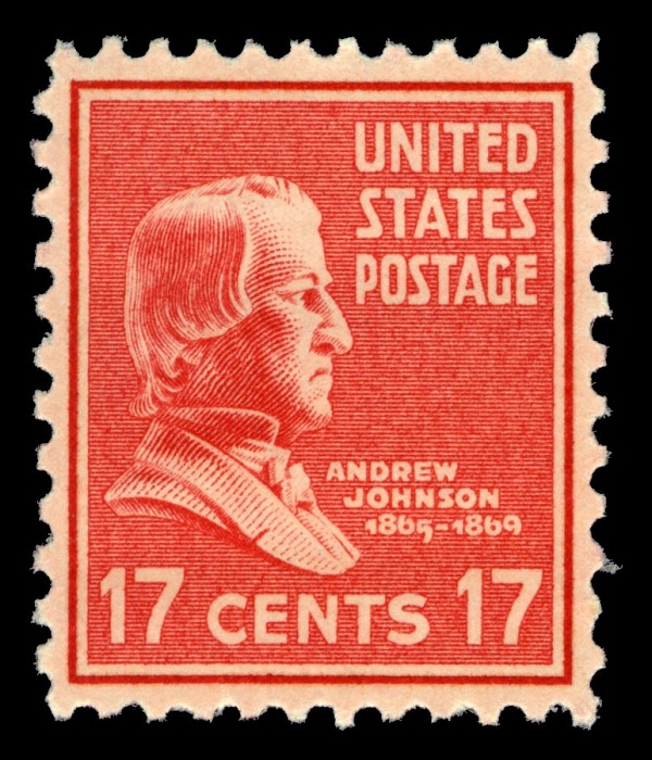 Andrew Johnson 17c rose red stamp of 1938 US Postage stamps on US postage stamps