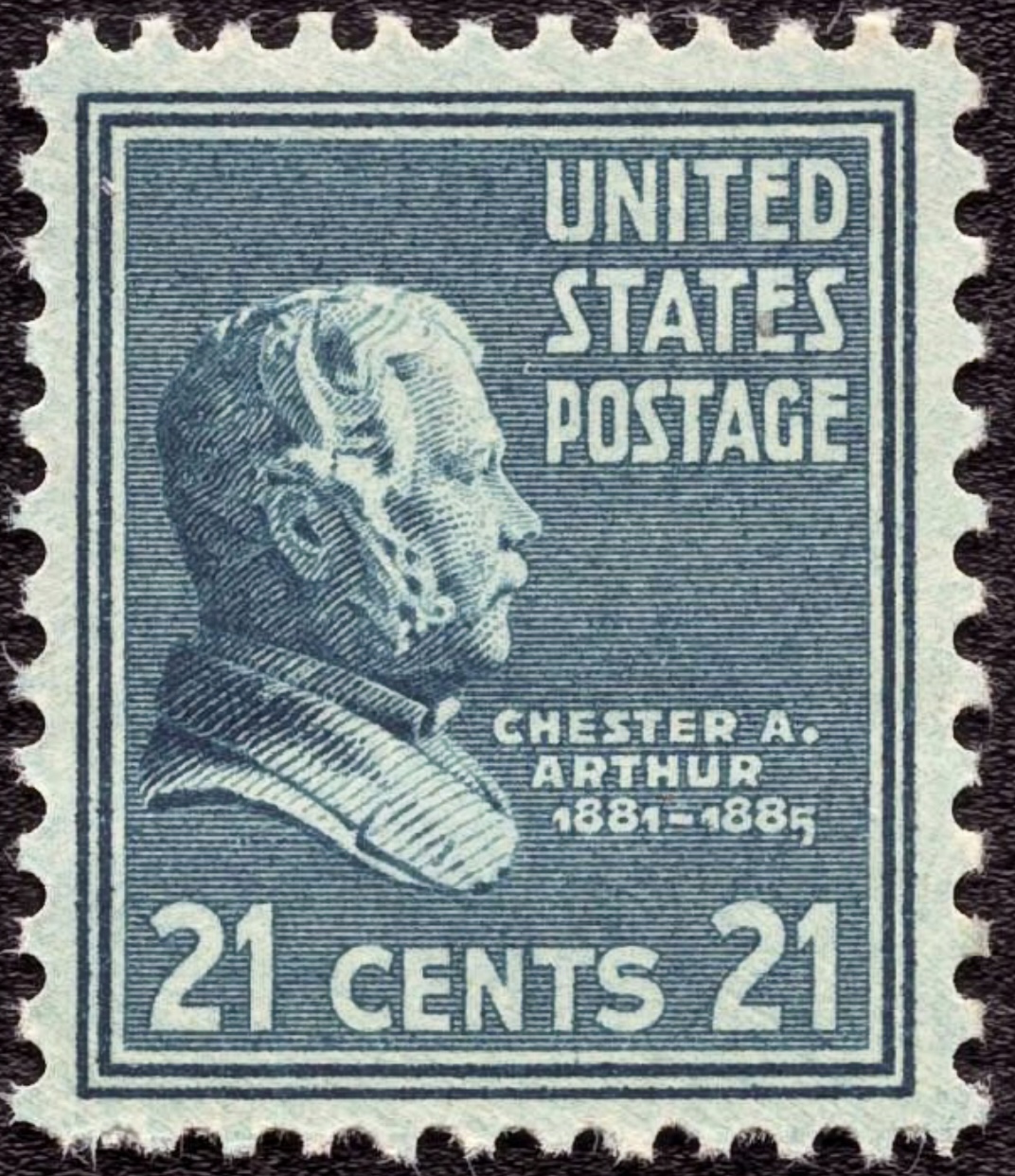 Chester A. Arthur 21c stamp of 1938 (Scott #826), US presidents on US stamps