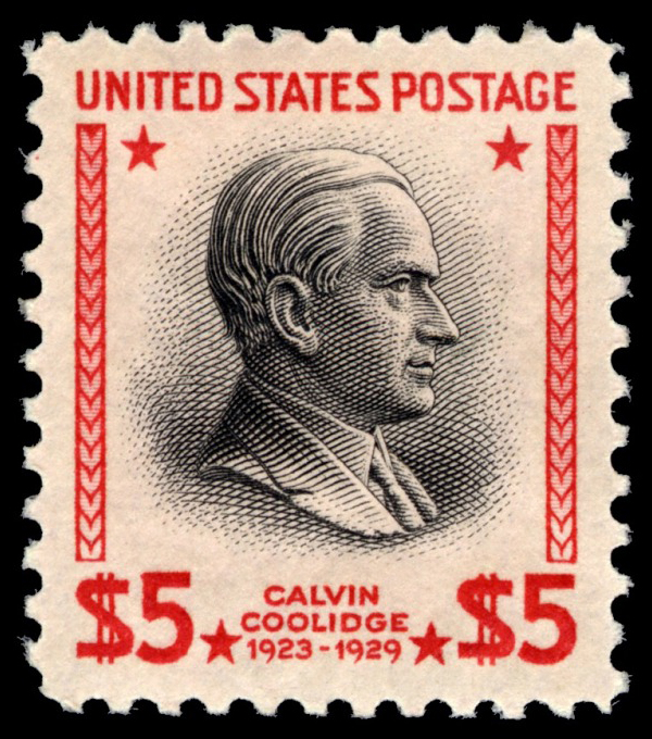 Calvin Coolidge $5 stamp of 1938 (Scott #834), US presidents on US stamps