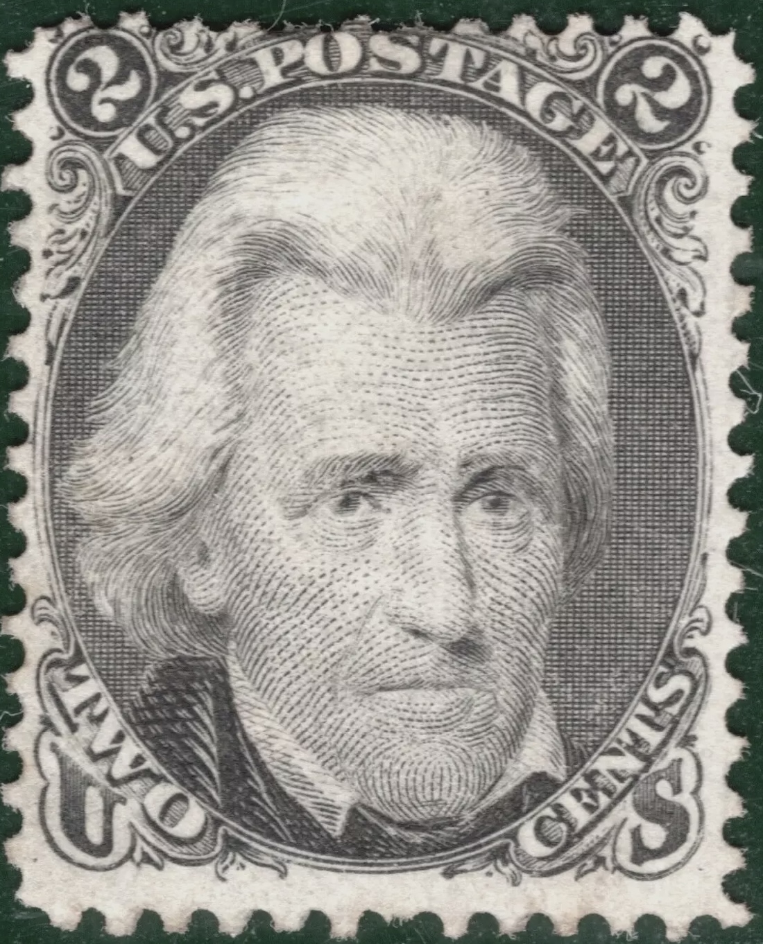 Andrew Jackson 2c black postage stamp of 1863 (Scott #73), US presidents on US stamps