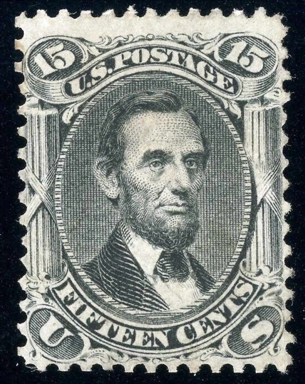 Abraham Lincoln 15c black stamp of 1866 US Presidents on US postage stamps