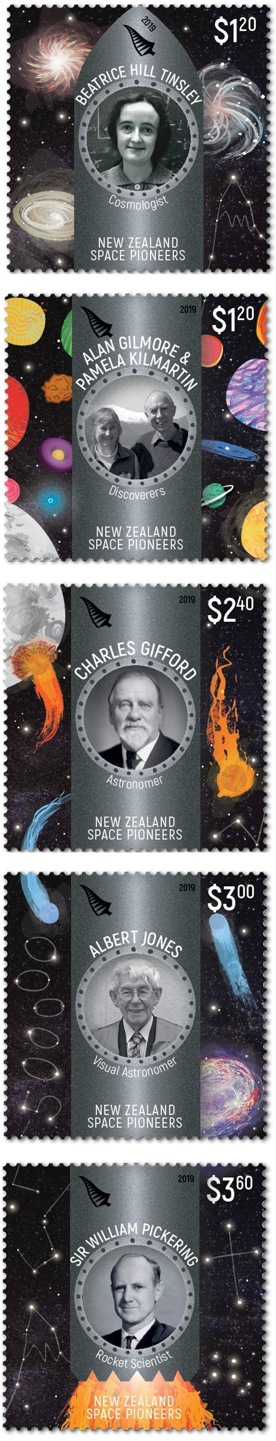 New Zealand Space Pioneers - five stamps released by New Zealand Post