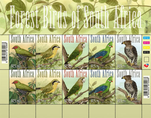 Forest birds of South Africa on stamps