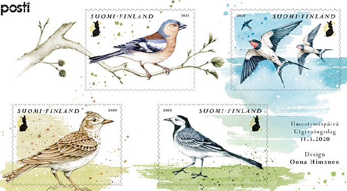 Four migrating birds on Finnish stamps bring spring!