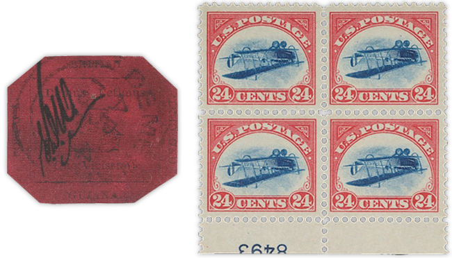 1¢ Magenta and  Inverted Jenny Plate Block will be sold at Sotheby’s!