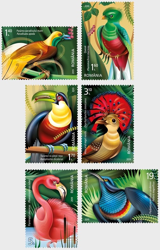 Exotic birds appeared on 6 new stamps by Romfilatelia