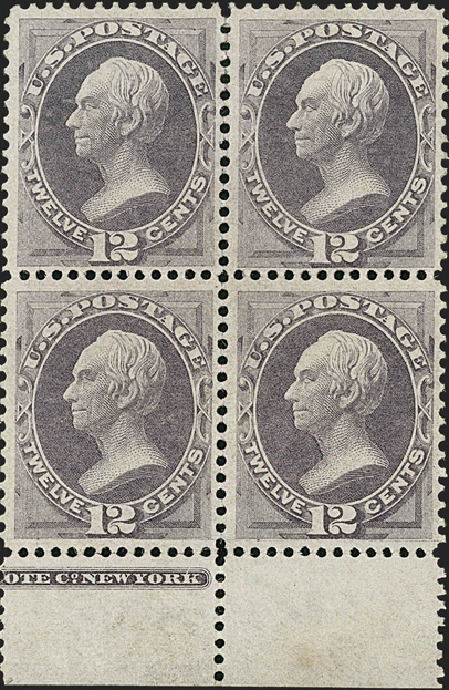 The block of four 12¢ Dull Violet H. Grill stamps is to fetch $150,000 at Siegel