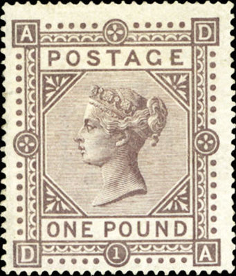 1878 Queen Victoria £1 brown lilac is to reach $32,500 at Cherrystone