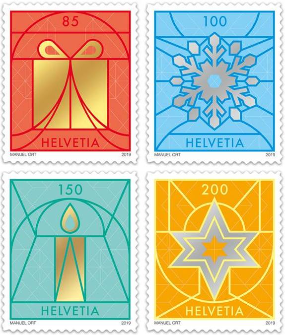 Four Swiss Christmas 2019 stamps show the grandeur of church windows!