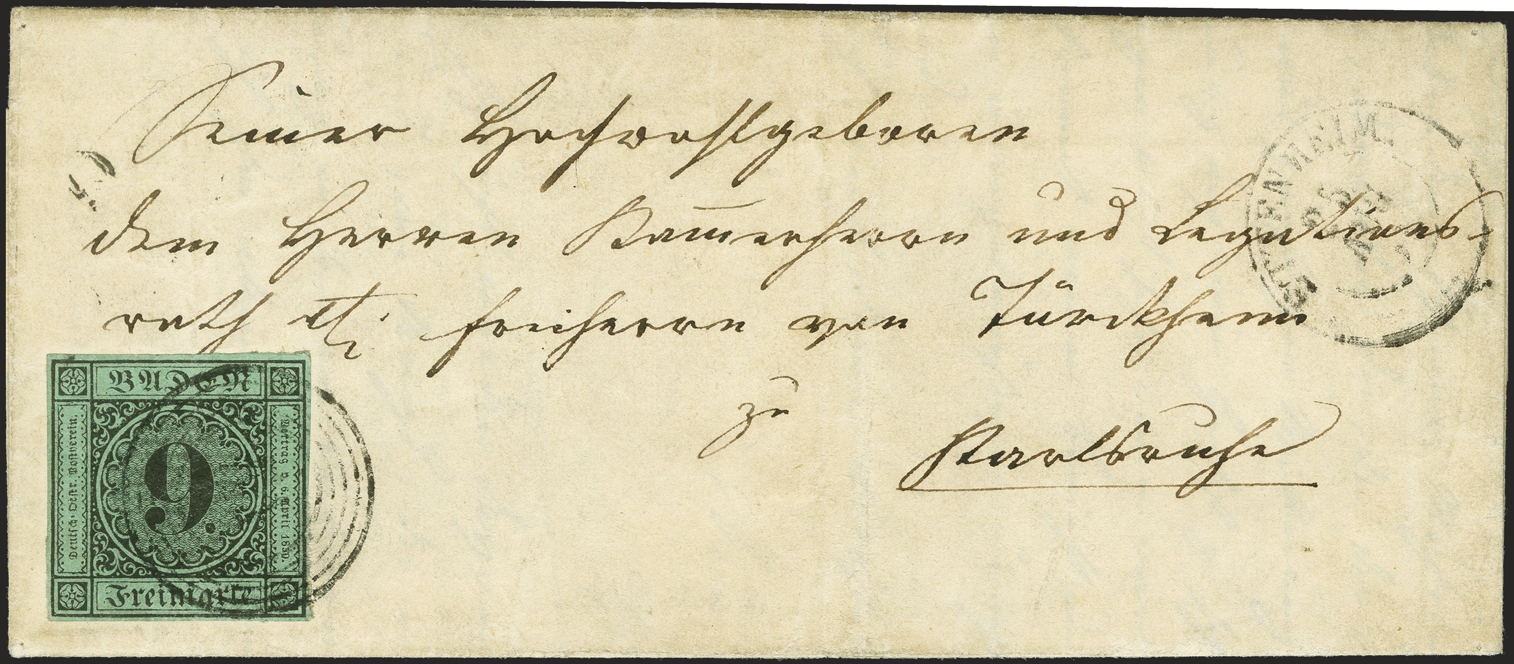 Baden 9-kreuzer black on blue green paper is offered for $900,000 by Heinrich Koehler