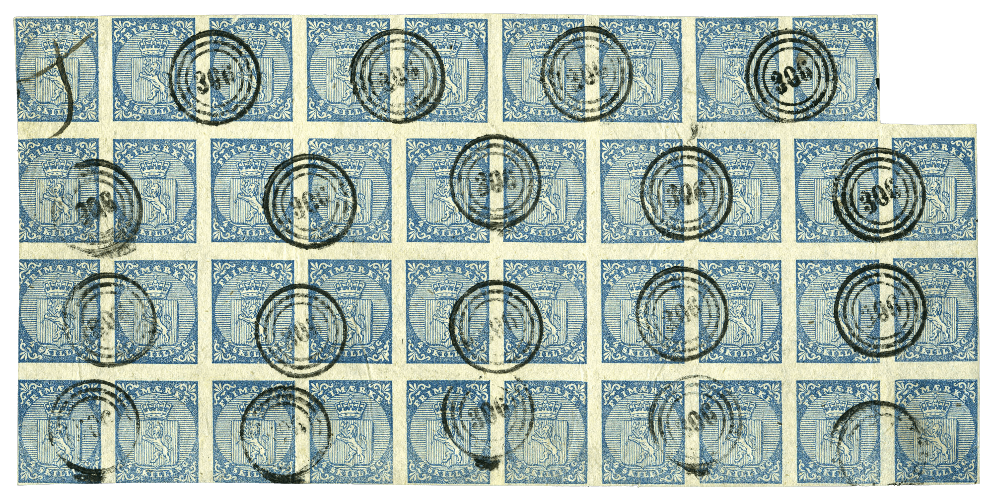 4sk Blue used block of 39 stamps, 1855 ("Trondheim" block)