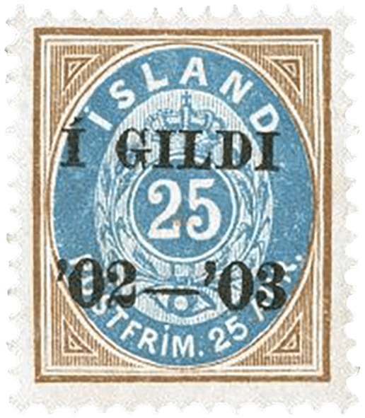 25a yellow brown &  blue with black overprint, 1902-03