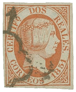Die Königin Isabella II 2 Reales orangerote Briefmarke, 1851