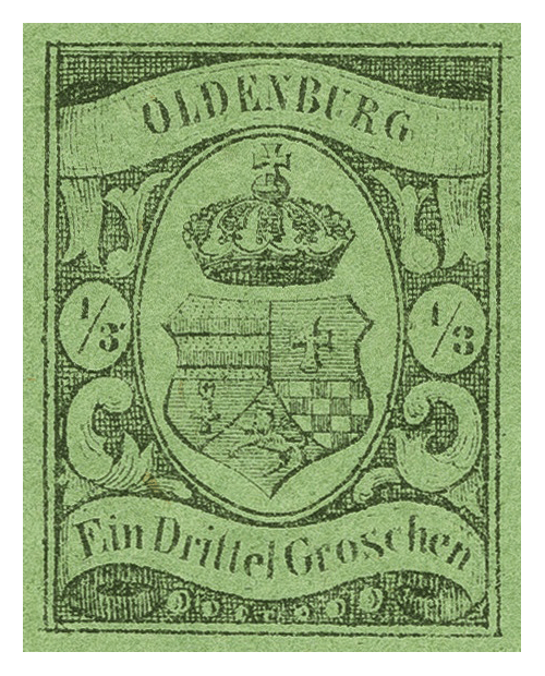 Briefmarke Oldenburg 1/3 Gr. schwarz auf grünem Papier, 1859