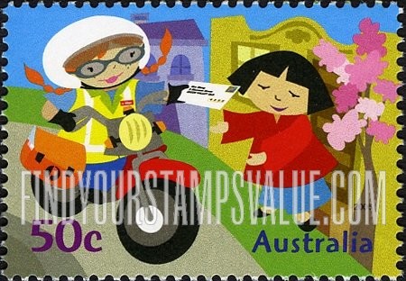 FindYourStampsValue: Postie Kate: On motorcycle, delivering letter