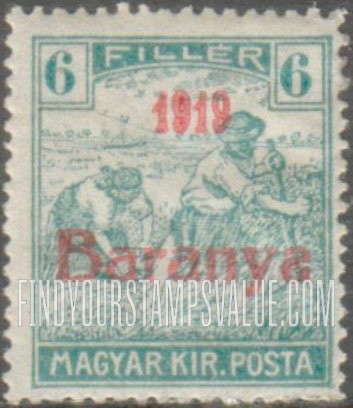 FindYourStampsValue: FIRST BARANYA ISSUE - Harvesting Wheat: Overprinted in Red