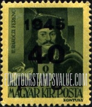FindYourStampsValue: Portraits - Francis II Rákóczy: Types of Hungary, 1943-45, Surcharged in Black