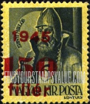 FindYourStampsValue: Portraits - Count Miklós Zrinyi: Types of Hungary, 1943-45, Surcharged in Carmine