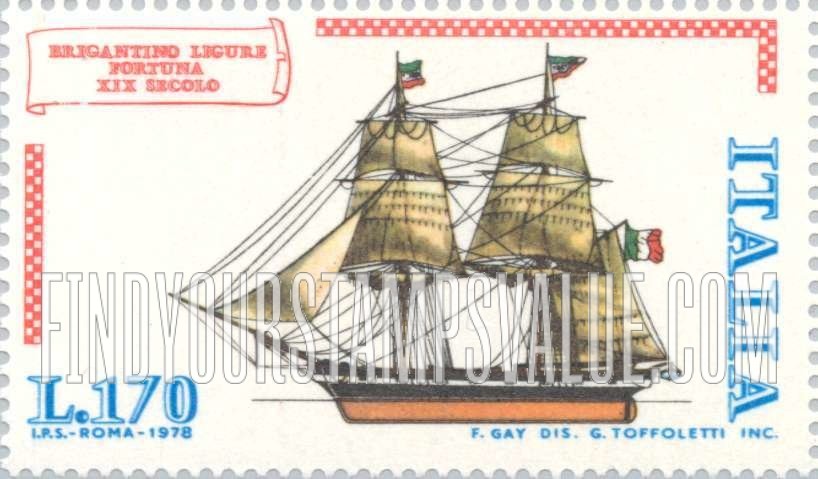 FindYourStampsValue: Ship Type of 1977: Ligurian brigantine Fortuna