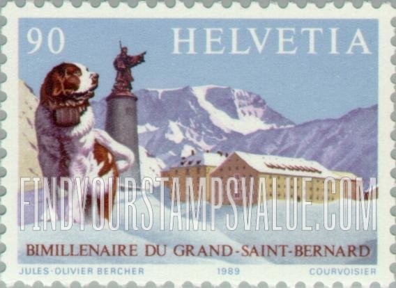 FindYourStampsValue: Federal Administration, Great St. Bernard Pass Bimillennium: St. Bernard dog, statue of saint, hospice on summit