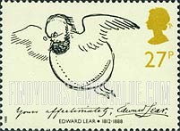 FindYourStampsValue: Great Britain (United Kingdom): Nonsensical Drawings by Edward Lear - Self-Portrait as a Bird, Pen-and-Ink Sketch from a Letter