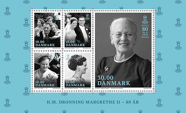 Denmark’s Queen is honored with 5 stylish stamps on her 80th birthday!