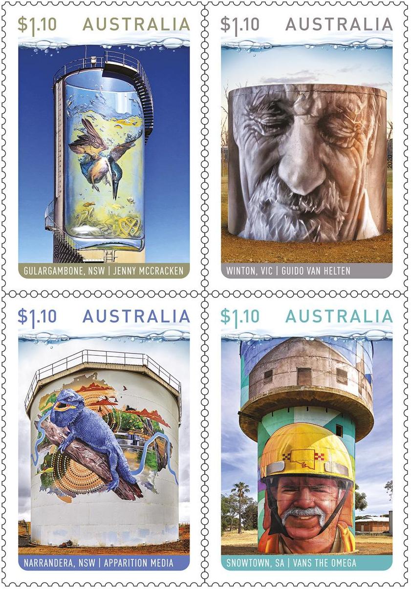 Water tower art – four original stamps released by Australia Post