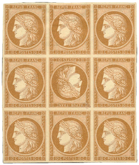 10c Bister on Yellowish Tete-Beche block, 1849 stamp