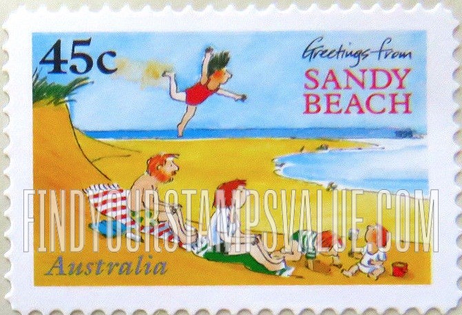 FindYourStampsValue: Children’s Book Council, 50th Anniversary: “Greetings from Sandy Beach”