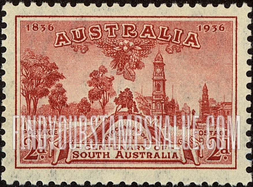 FindYourStampsValue: Proclamation Tree and View of Adelaide, 1936