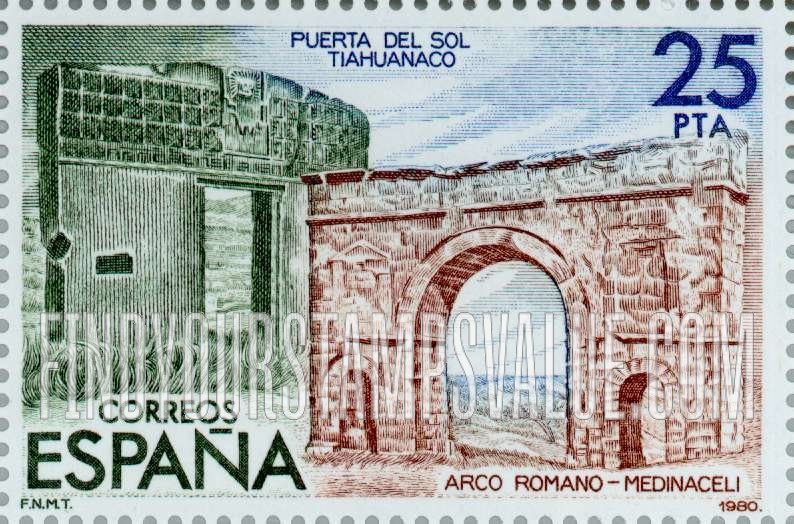 FindYourStampsValue: Sun Gate, Tiahuanaco; Roman arch, Medinaceli