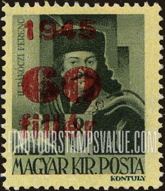 FindYourStampsValue: Portraits - Francis II Rákóczy: Types of Hungary, 1943-45, Surcharged in Carmine