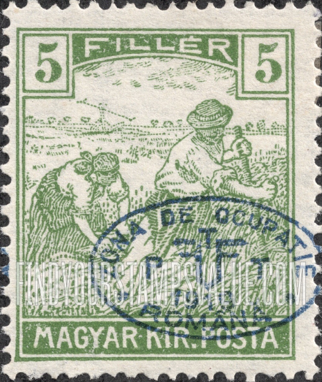 FindYourStampsValue: ISSUED UNDER ROMANIAN OCCUPATION - Harvesting Wheat: Hungarian Stamps of 1913-19 Overprinted in Blue