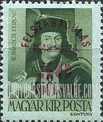 FindYourStampsValue: Portraits - Francis II Rákóczy: Types of Hungary, 1943 Surcharged in Carmine
