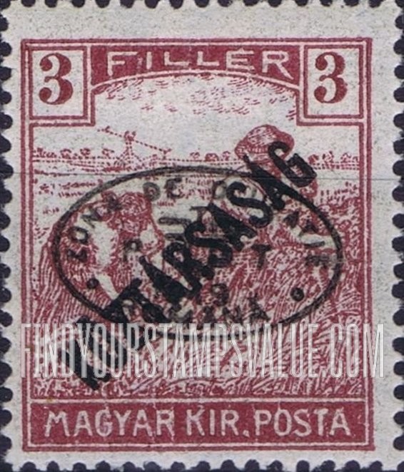 FindYourStampsValue: ISSUED UNDER ROMANIAN OCCUPATION - Harvesting Wheat: On Stamps of 1918-19, Overprinted “Koztarsasag”