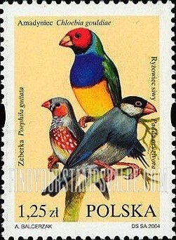 FindYourStampsValue: Birds: Chloebia gouldiae, Poephila guttata, Padda oryzivora