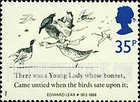 FindYourStampsValue: Great Britain (United Kingdom): Nonsensical Drawings by Edward Lear - Girl, Birds and Part of a Limerick
