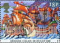 FindYourStampsValue: Great Britain (United Kingdom): Defeat of the Spanish Armada by the Royal Navy, 400th Anniversary - Battle Scene off Calais, France, July 28-29, 1588