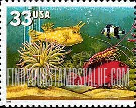 FindYourStampsValue: AQUARIUM FISH, Reef Fish - Yellow Fish, Red Fish, Cleaner Shrimp, Self-Adhesive stamp