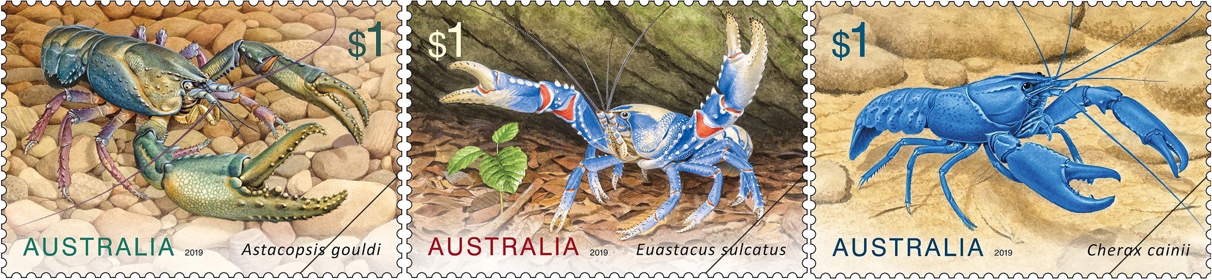 Aussie native crayfish are featured on three new stamps