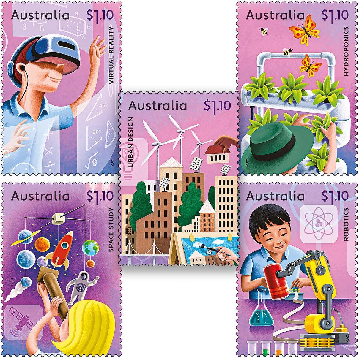 Five colorful Australian stamps celebrate STEAM!