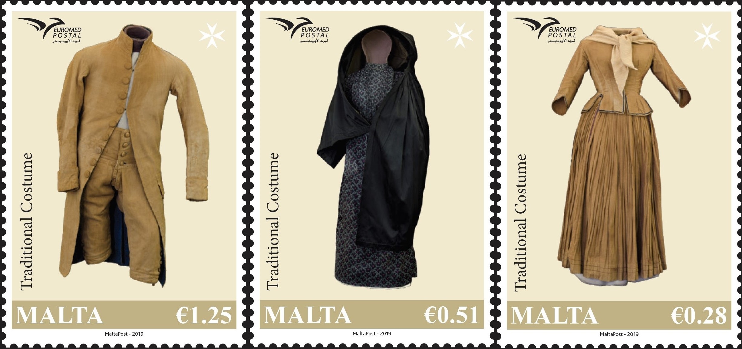 Euromed Postal: Traditional Costumes – three stamps issued by Malta Post