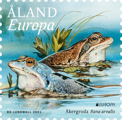 Åland Post issued 2021 Europa stamp featuring endangered moor frogs!