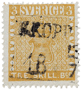 La Suède trois Skilling Banco, erreur en couleur jaune, 1855 timbre rare