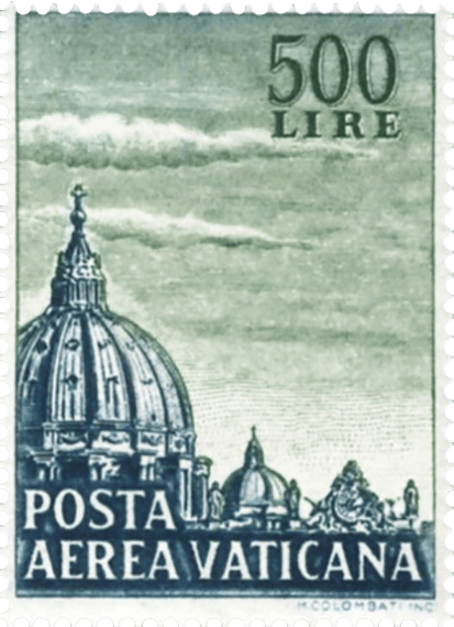 500L green Dome of St. Peter's Basilica stamp, 1958