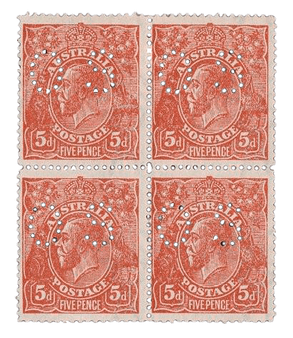 5d King George V block of 4 stamps, 1918 - rare Australian stamps