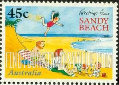 FindYourStampsValue: Children’s Book Council, 50th Anniversary: “Greetings from Sandy Beach”