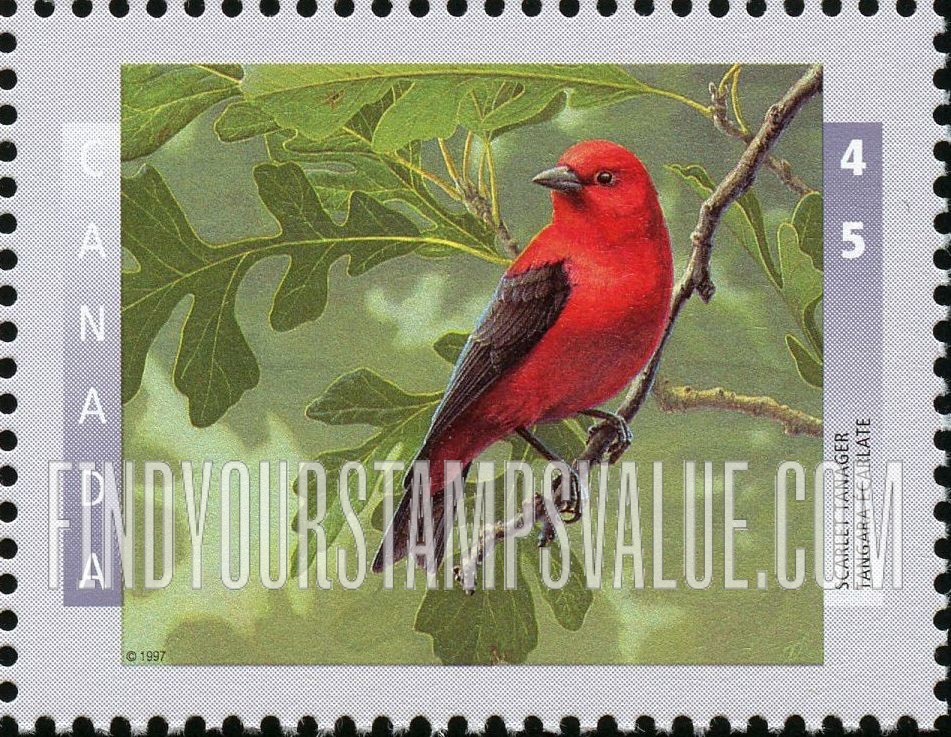 FindYourStampsValue: Bird Type of 1996: Scarlet tanager