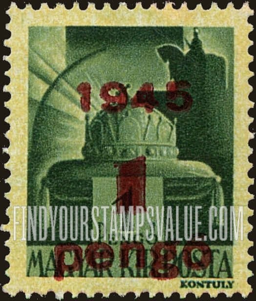 FindYourStampsValue: Crown of Saint Stephen: Types of Hungary, 1943-45, Surcharged in Carmine