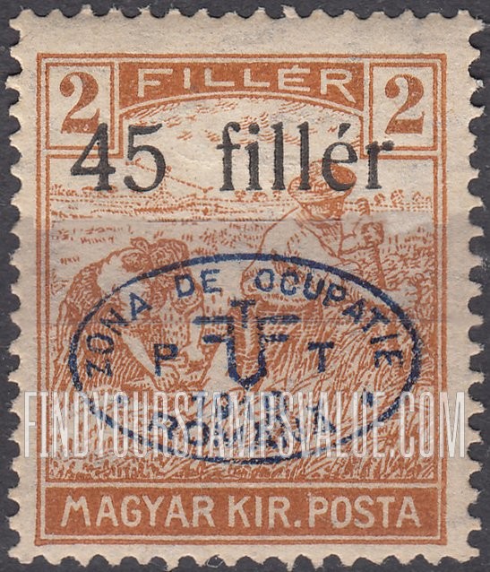 FindYourStampsValue: ISSUED UNDER ROMANIAN OCCUPATION - Harvesting Wheat: Hungarian Stamps of 1913-19 Overprinted in Blue